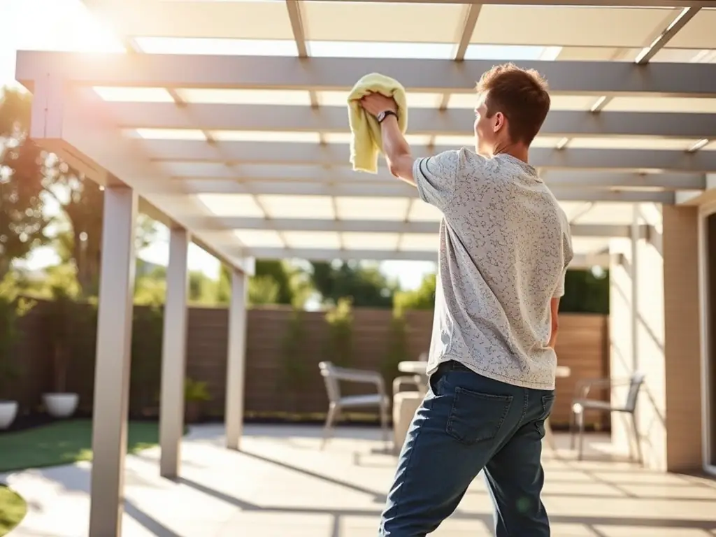 A person casually cleaning the frame of an Alu Business bioclimatic pergola with a cloth, demonstrating how easy it is to maintain. The image should convey a sense of simplicity and convenience.
