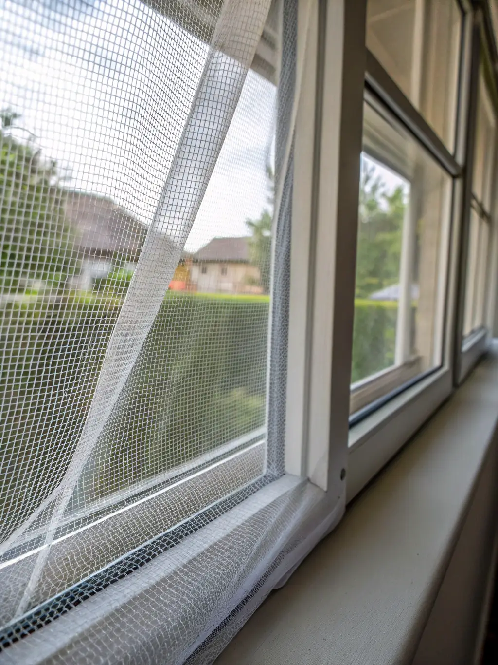 A custom-made sliding mosquito net seamlessly integrated into a patio door, allowing for unobstructed views of the garden. The image should highlight the net's ease of use and effectiveness.