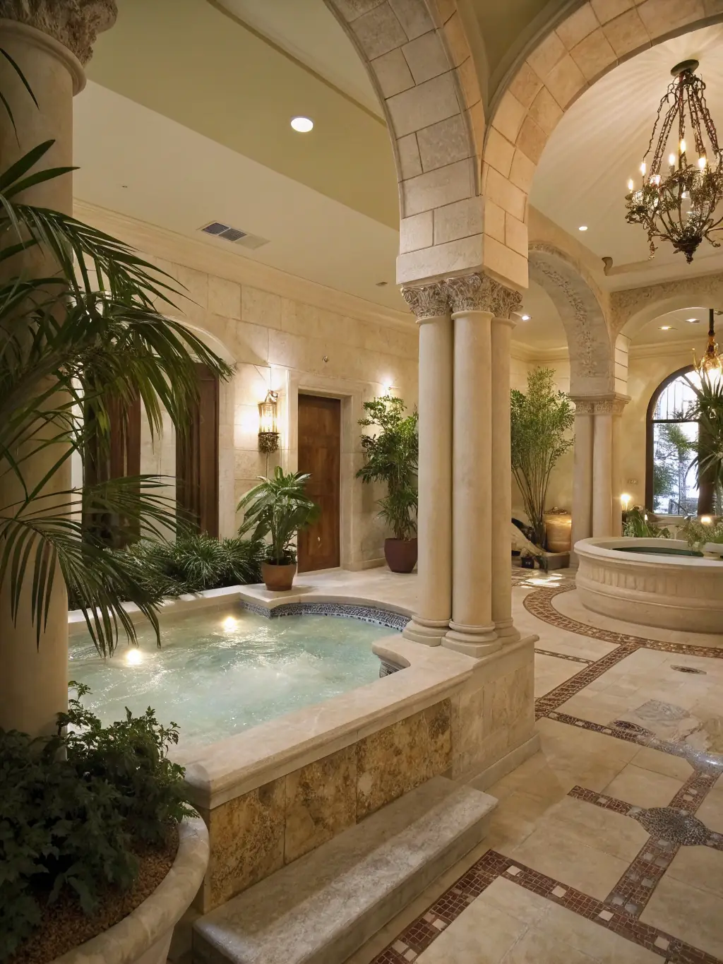 A luxurious Jacuzzi spa with LED lighting, set on a wooden deck in a beautifully landscaped garden. The image should convey relaxation and high-end design.