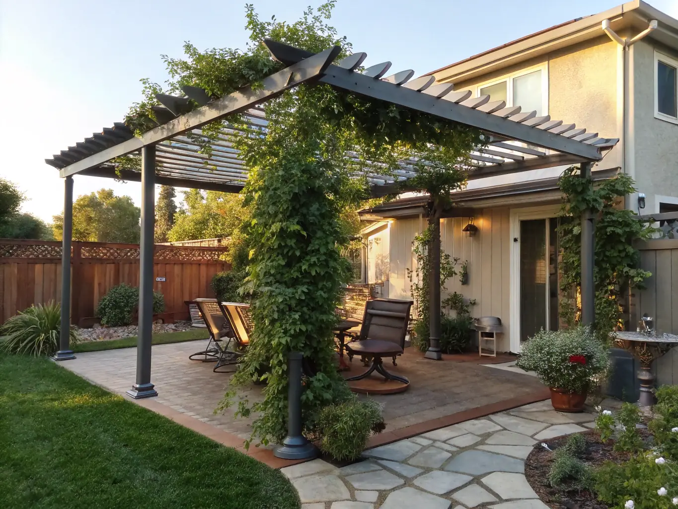 A modern bioclimatic pergola with adjustable louvers, providing shade and ventilation, set in a beautifully landscaped garden, showcasing Alu Business's commitment to quality and design.