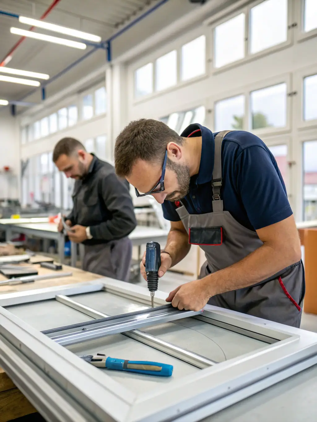 A photo showcasing the custom manufacturing process of an aluminum pergola in Alu Business's workshop, with skilled technicians working on the structure.