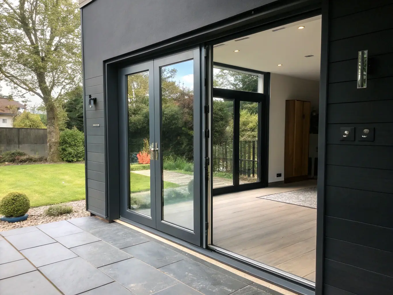 A custom-made sliding mosquito net seamlessly integrated into a patio door, showcasing Alu Business's attention to detail and functionality in outdoor living spaces.