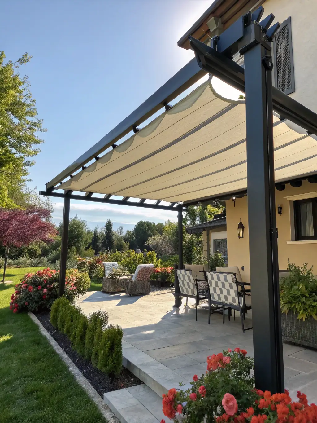 A modern bioclimatic pergola with adjustable louvers, providing shade and ventilation in a contemporary garden setting. The image should highlight the pergola's sleek design and functionality.