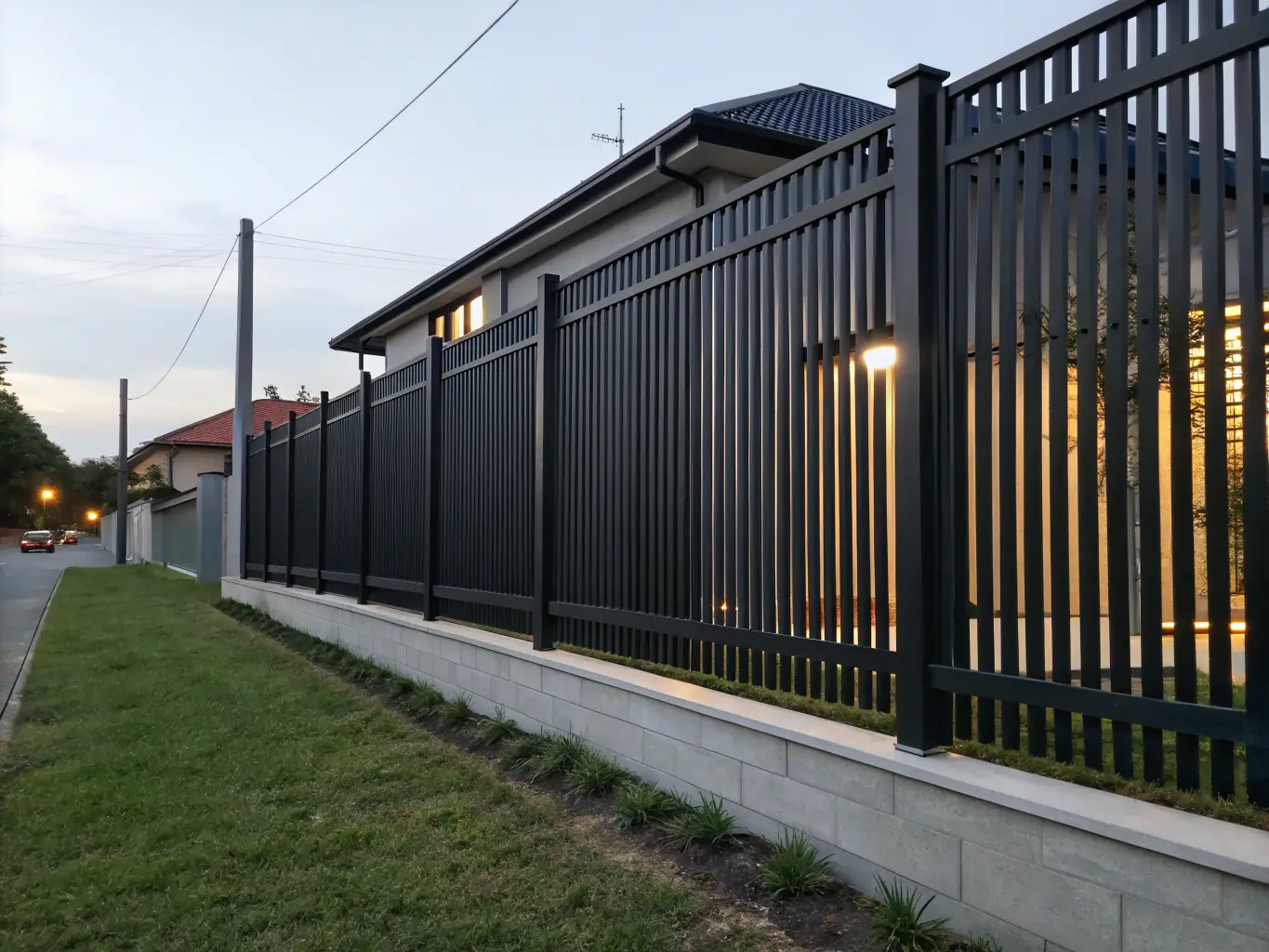 A close-up of a powder-coated aluminum fence, highlighting its weather-resistant properties and sleek design, installed in a residential garden by Alu Business.