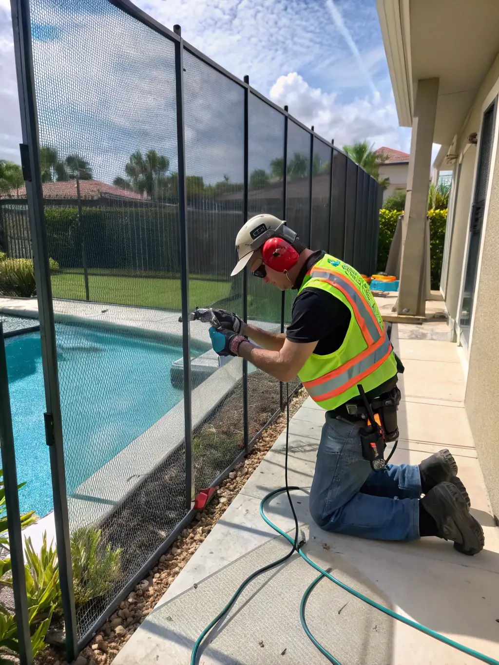 A photo of Alu Business's installation team professionally installing an aluminum fence in a customer's garden, ensuring a perfect fit and finish.