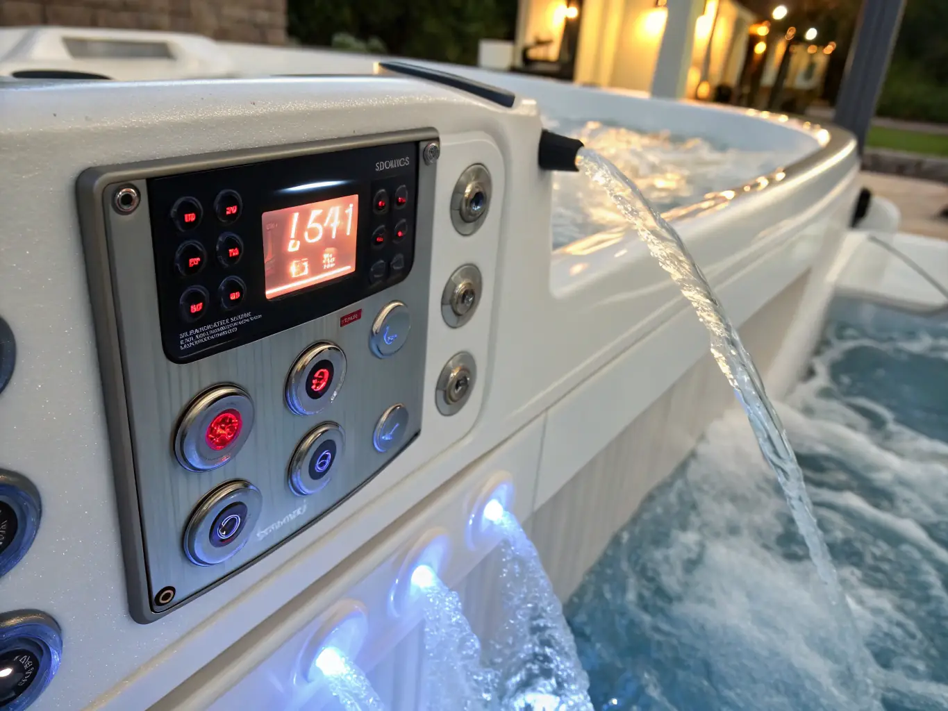 A detailed image of the control panel of an Alu Business spa, showcasing the advanced technology and user-friendly interface for adjusting settings and features.
