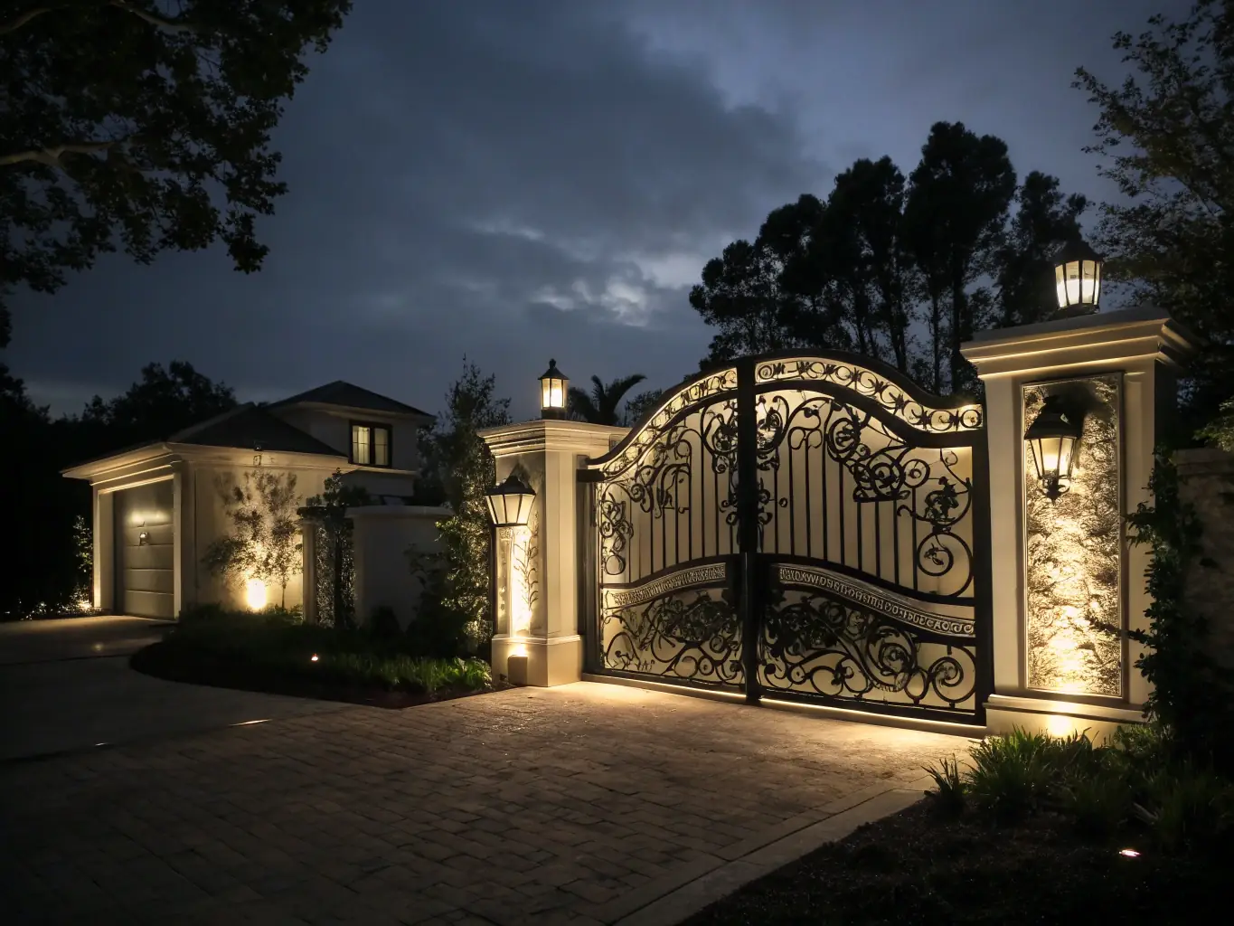 A wide shot of a residential property featuring an ornate aluminum gate with a custom design. The gate is powder-coated in a dark color and complements the architectural style of the house, emphasizing its aesthetic value.