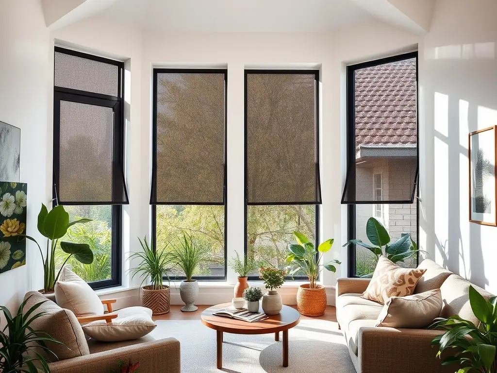 A wide shot of a sliding mosquito net installed on a large sliding glass door, demonstrating its smooth operation and full coverage. The net is shown in use, with people enjoying the indoor-outdoor space without being bothered by insects.