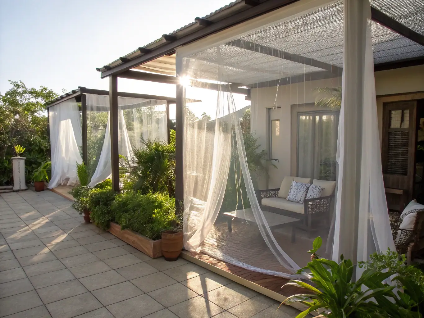 A close-up shot of a pleated mosquito net installed on a French door, showcasing its fine mesh and seamless integration with the door frame. The focus is on the net's ability to keep insects out while allowing fresh air to circulate.