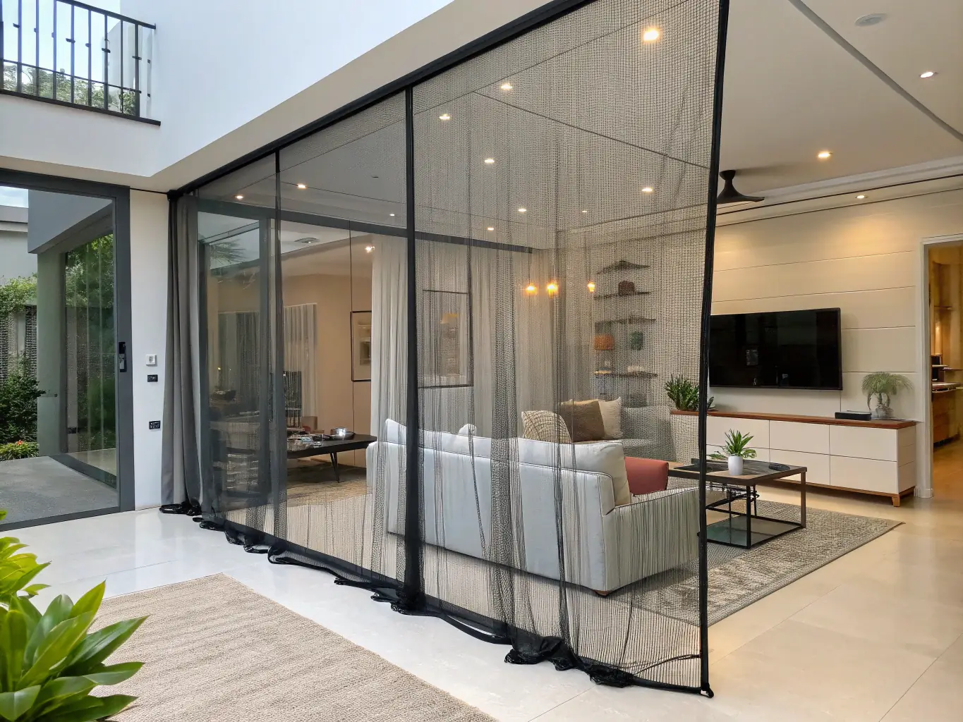 A detailed image of a custom-fitted mosquito net for a unique window shape, highlighting the precision and adaptability of Alu Business's custom solutions. The net is shown in a residential setting, blending seamlessly with the window's design.