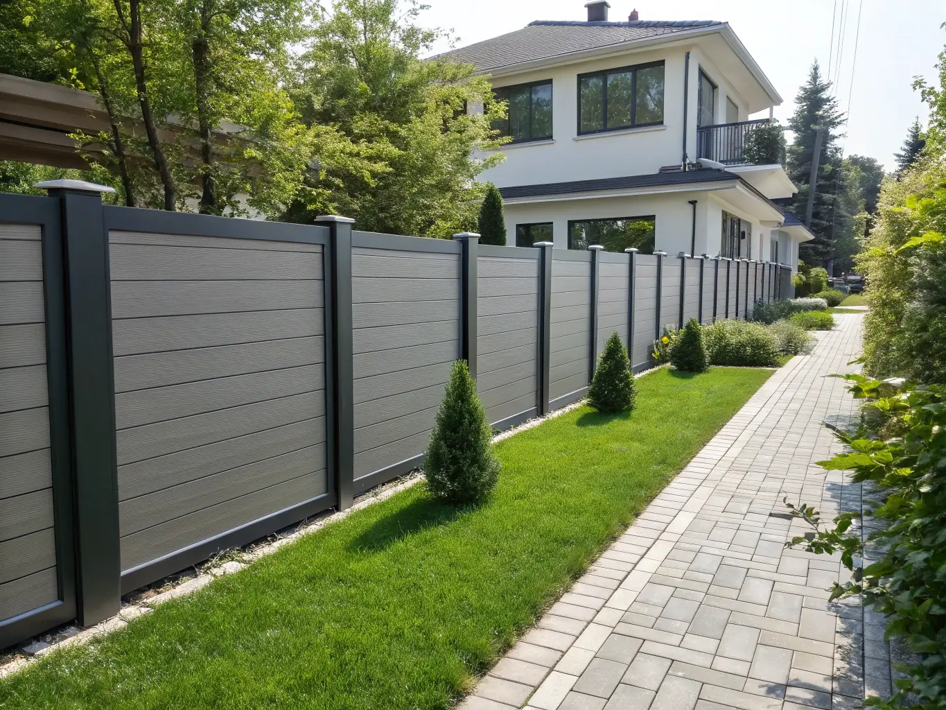A close-up shot of a modern aluminum fence with a wood-grain finish, showcasing its aesthetic appeal and the quality of the powder coating. The fence is installed around a well-manicured garden, highlighting its integration with the landscape.